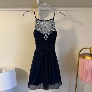 B. Darlin navy blue mini dress / homecoming dress with jeweled neckline